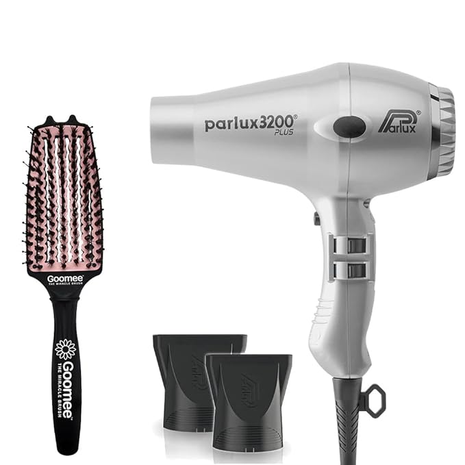 Parlux 3200 Plus Silver Hair Dryer and Miracle Detangling Brush Medium Size Nylon &amp Boar Bristles for All Hair Types – Blush Pink