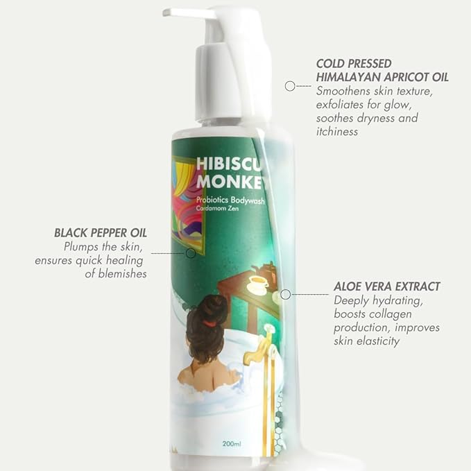 HIBISCUS MONKEY Probiotics Body Wash|100% Plant Derived|Sensitive Skin Friendly Dermatologist Tested Ph Balanced|Artificial Fragrance Free No Synthetic Surfactants No Sles/Sls Paraben Free