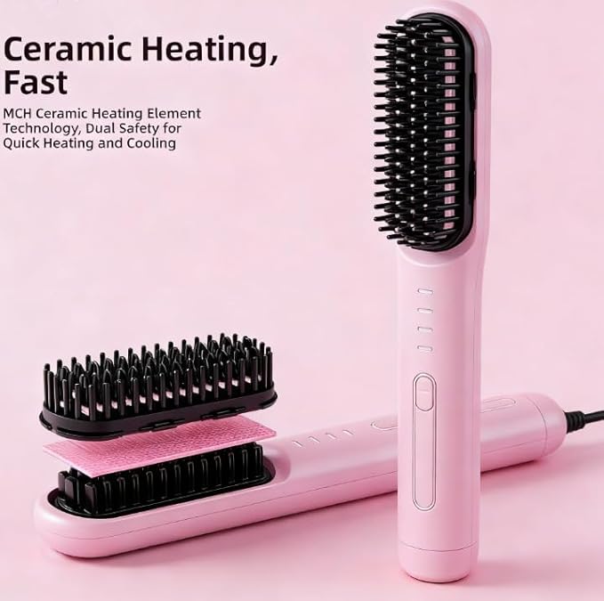 Cordless Hair Straightener Brush 4 Temp Settings Ceramic Coating Hair Straightener Comb Rechargeable Fast Heating Hot Comb Women (Pink)