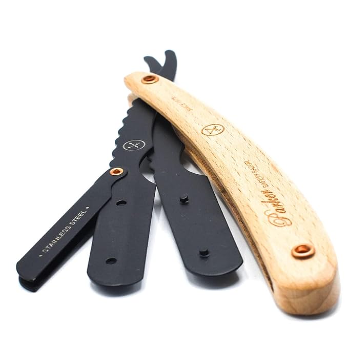 Parker SRP Pine Wood Handle Straight Edge Barber Razor – Stainless Steel Clip‑Type Straight Razor 5 Premium Half DE Blades Included