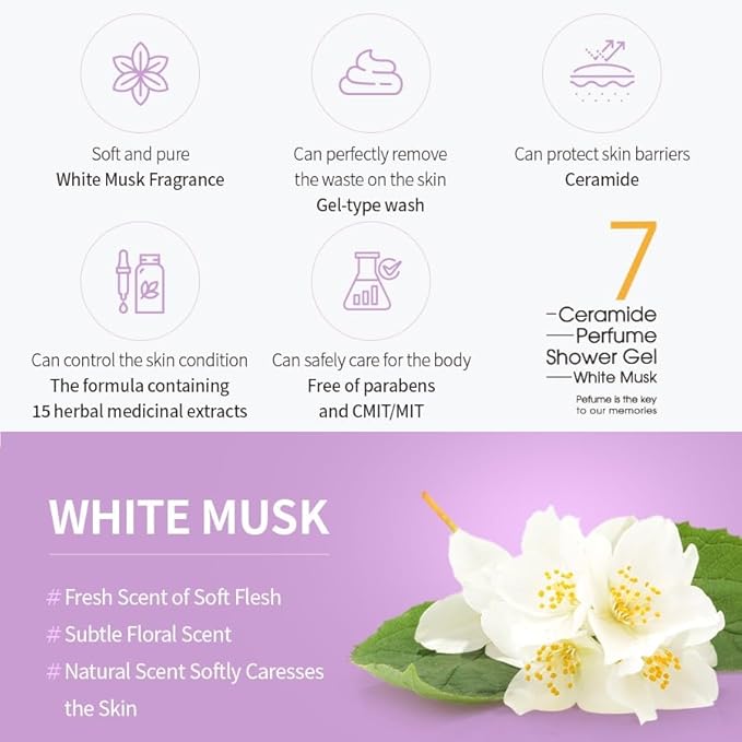 MASIL 7 Ceramide Perfume Shower Gel for Sensitive Skin Moisturizing Body Wash for Women Aroma Liquid Soap with 15 Natural Extracts Korean Skincare Bath &amp Home Spa (1 White Musk)