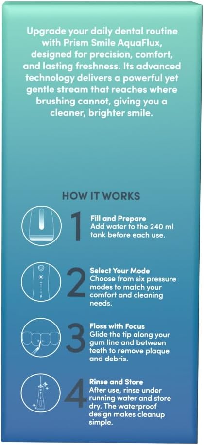 AquaFlux Water Flosser Cordless Dental Irrigator with 6 Modes 240ml Tank IPX7 Waterproof 30-Day Battery Life 8 Tips Included
