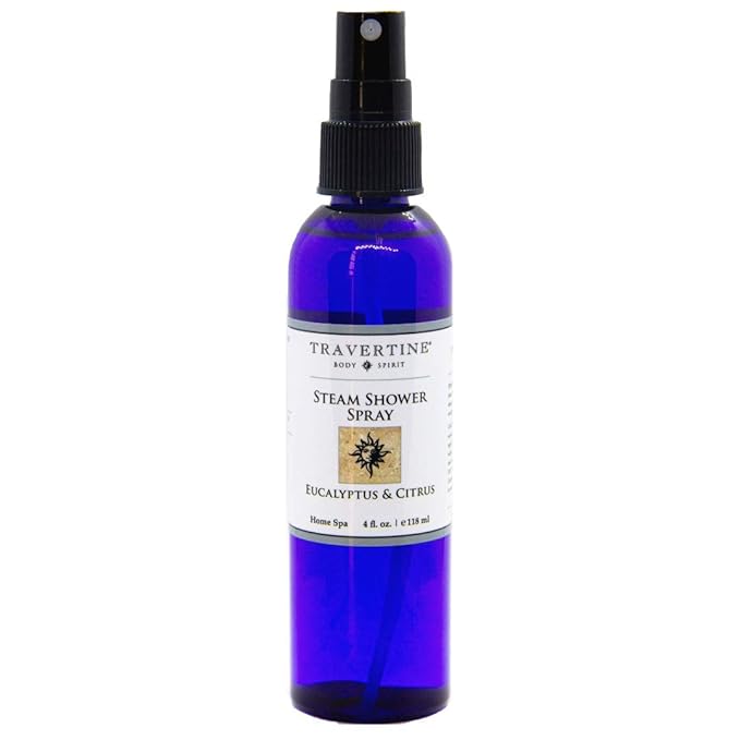 Travertine Spa Steam Shower Spray | Eucalyptus &amp Citrus | Shower Aromatherapy | Sinus and Congestion Relief | Steam Room Spray | 100% Natural Eucalyptus Oil | 4 oz.
