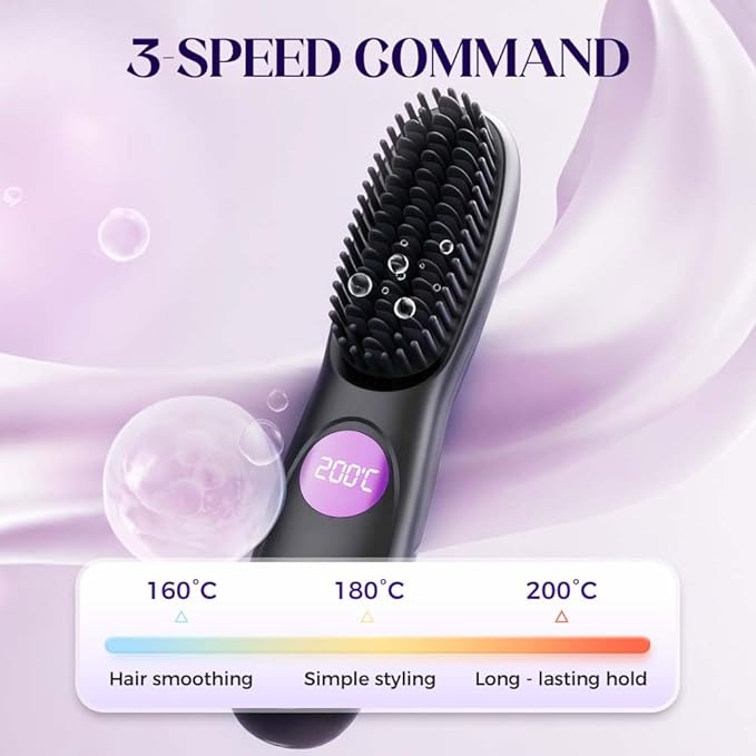 Cordless Hair Straightener Brush Fast Heating Portable Hair Straightening Comb with 3 Adjustable Temperatures &amp LED Display for Travel (Black)