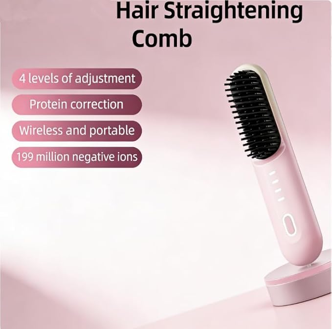 Cordless Hair Straightener Brush 4 Temp Settings Ceramic Coating Hair Straightener Comb Rechargeable Fast Heating Hot Comb Women (Pink)