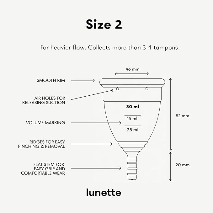 Lunette Menstrual Cup Reusable BPA Free Period Cup with 12-Hour Leak Free Comfort - Soft 100% Medical-Grade Silicone - Eco-Friendly Pad &amp Tampon Alternative – Vegan - Made in Finland - Size 2 Blue