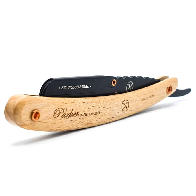 Parker SRP Pine Wood Handle Straight Edge Barber Razor – Stainless Steel Clip‑Type Straight Razor 5 Premium Half DE Blades Included