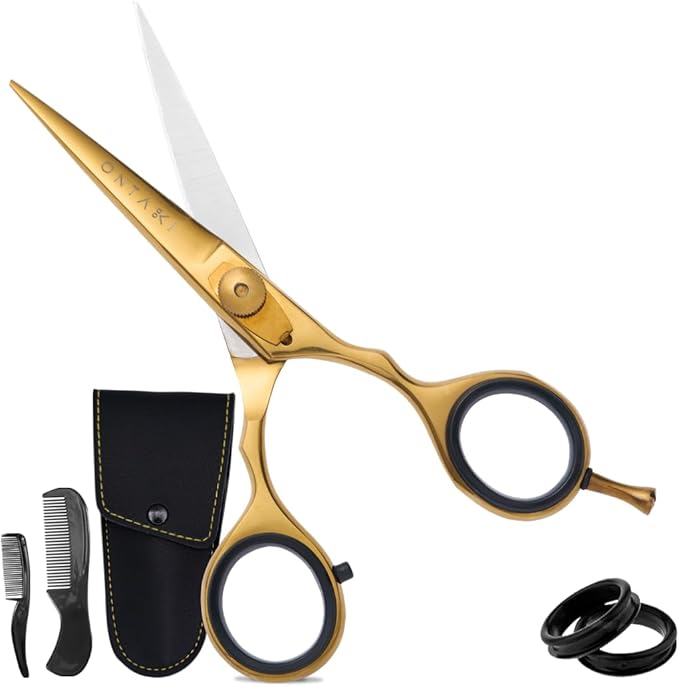 Ontaki Beard &amp Mustache Scissors for Men - 5.5 Japanese Steel Gold Brass - Sharp Blades Ergonomic Finger Rest &amp Adjustable Tension Screw for Perfect Hair Trimming - Beard Scissors