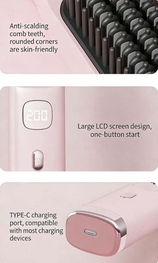 Go Brush - Pro for Short Hair Portable Mini Hair Straightening Comb with 4 Heat Settings 30s Fast Heating Ionic Ceramic Brush USB-C Rechargeable Travel Hair Styler Anti-Frizz(Pink)