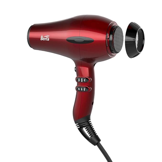 BERTA 1875W Powerful Negative Ions Hair Dryer Ceramic Professional Far Infrared Blow Dryer 2 Speeds 3 Heating Settings (3 Attachments)