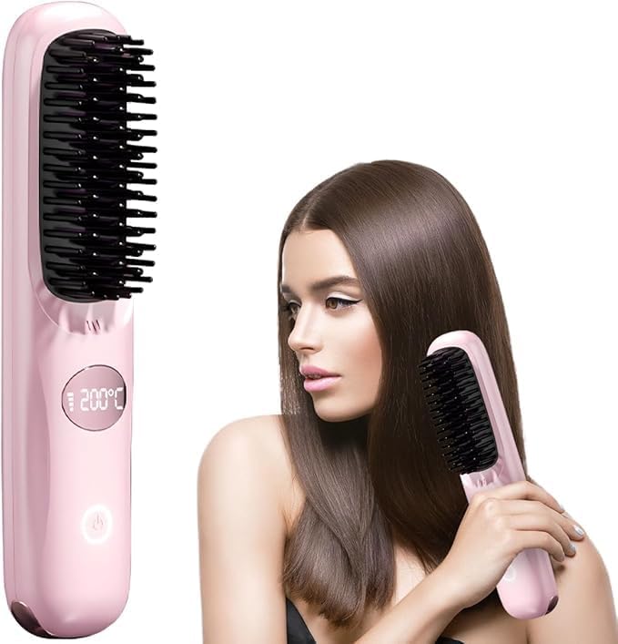 Go Brush Pro Table Straightener Brush Cordless Straightener Brush for Short Hair Fast Heating Hair Styling Tool for Daily Use (Pink)