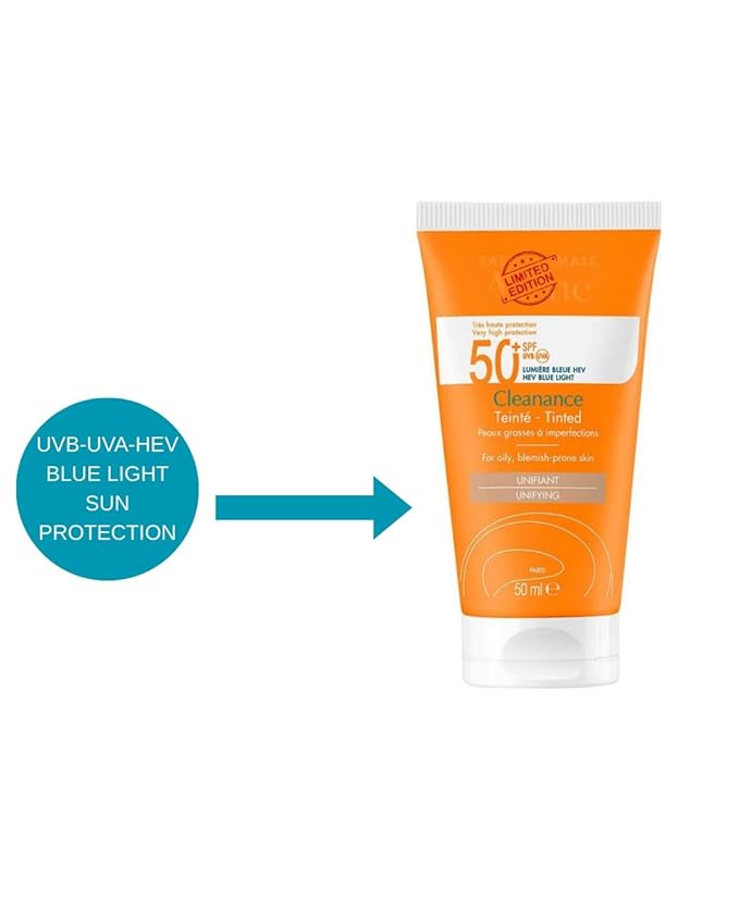 Clean Solaire Tinted SPF 50 Facial Sunscreen – For Face and Neck Oily &amp Acne-Prone Skin Sebum-Regulating Tone-Evening Broad-Spectrum UVA/UVB Non-comedogenic Water Resistant 1.7 Fl Oz