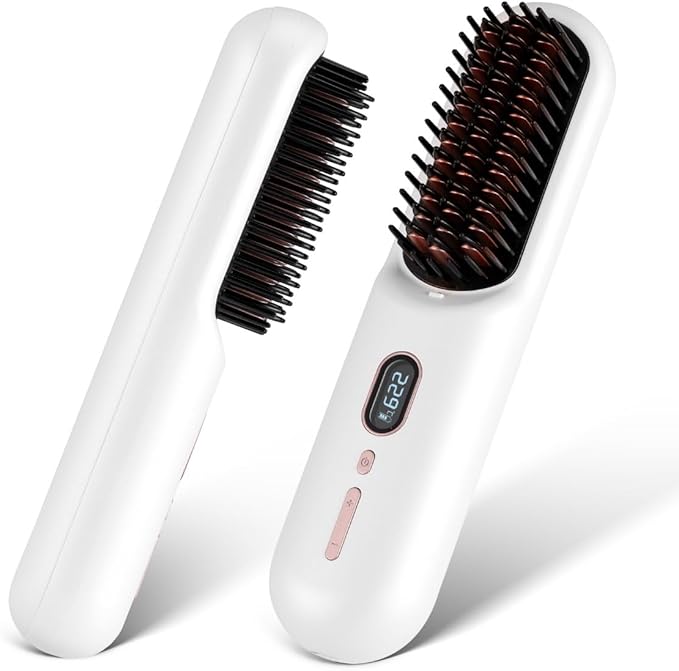 Cordless Hair Straightening Brush USB Ceramic Heating Straight Hair Comb 2-in-1Negative Ion Hair Straightening Comb(White)