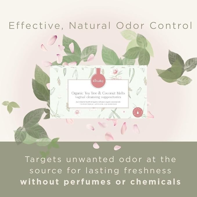Femallay Organic Vaginal Melts – Tea Tree &amp Coconut Oil – Natural Feminine Odor Control pH Balance &amp Dryness Relief – 7 Count + Applicator