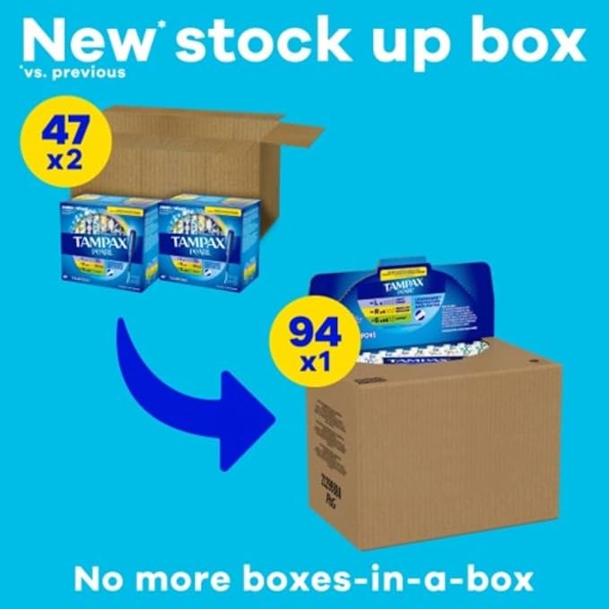 Tampax Pearl Tampons for Women Multipack with LeakGuard Braid Light/Regular/Super Absorbency Unscented 94 Count (2 Packs of 47) (Packaging May Vary)