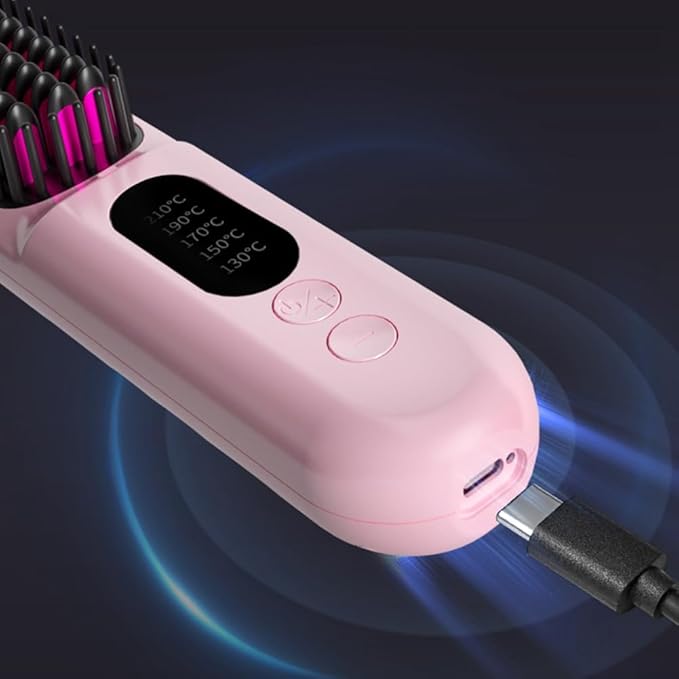 Wireless Hair Straightener Brush Fast Heated Straightener Brush Negative Ions Hair Curler Portable Heating Comb Easy Install -Pink
