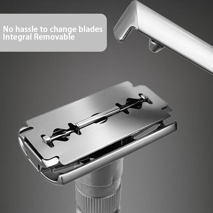 Adjustable double-edged safety razor with 10 platinum-plated stainless steel razor blades + optional stand + complimentary holster reusable razor smooth close shave (Silver + base + holster)