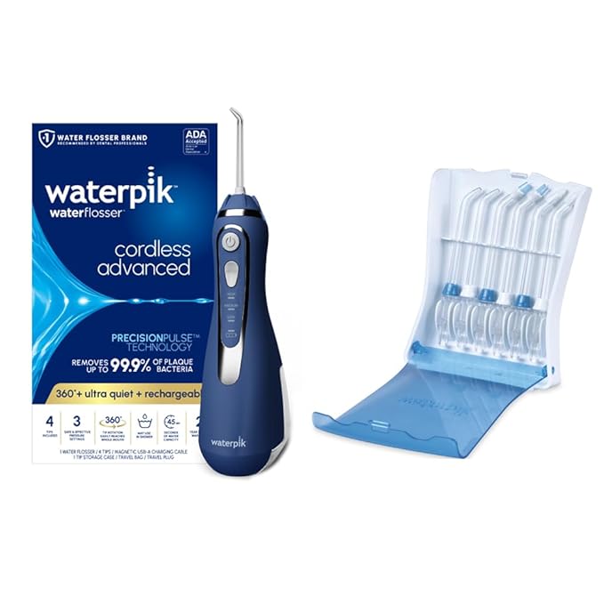 Bundle with Waterpik Blue Cordless Advanced 2.0 Water Flosser WP-583 and Tips Storage Case with 6 Count Genuine Waterpik Water Flosser Tips Rechargeable Portable Oral Irrigator for Travel &amp Home