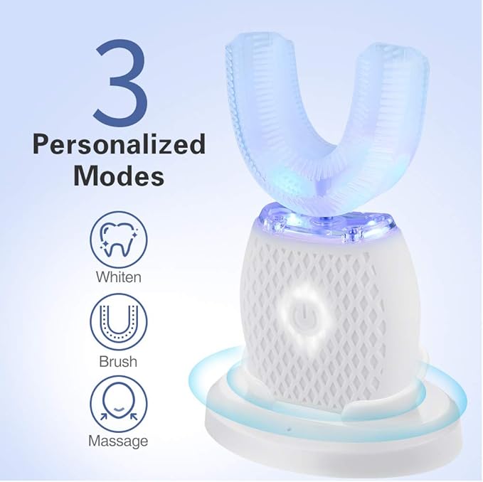 Ultrasonic Automatic Toothbrush Ultrasonic U-Shaped Toothbrushes for Adult 360° Mouth Cleaning Electric ToothBrush with Automatic Timer Wireless Charging Teethbrush Kit for Travel Or Home (White)