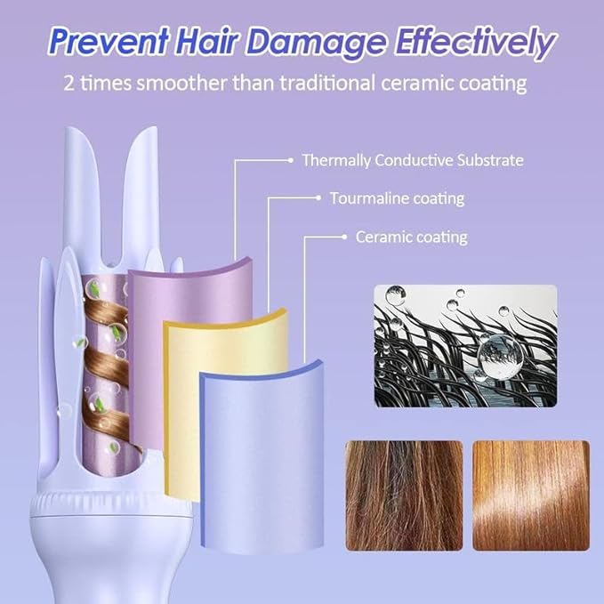 Automatic Curling Iron Professional Anti-Tangle Automatic Hair Curler with 3-Speed Temperature &amp 2 Timer Reminder Fast Heating Double Anti-Scald Ceramic Curling Wand for Curly Hair Styling (Pin