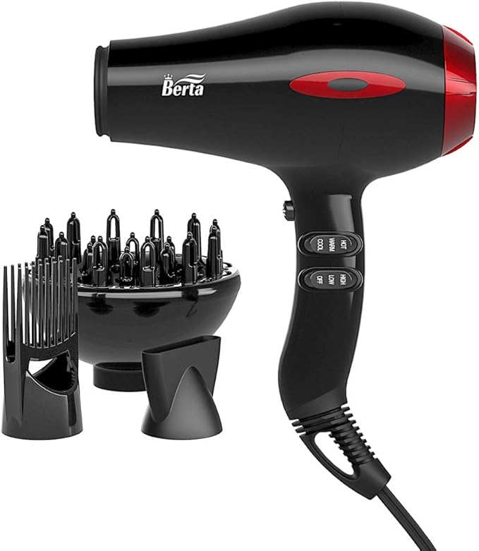 BERTA 1875W Professional Salon Hair Dryer Negative Ionic Blow Dryer 2 Speed 3 Heat Settings Cool Button with AC Motor Concentrator Nozzle &amp Diffuser &amp Comb