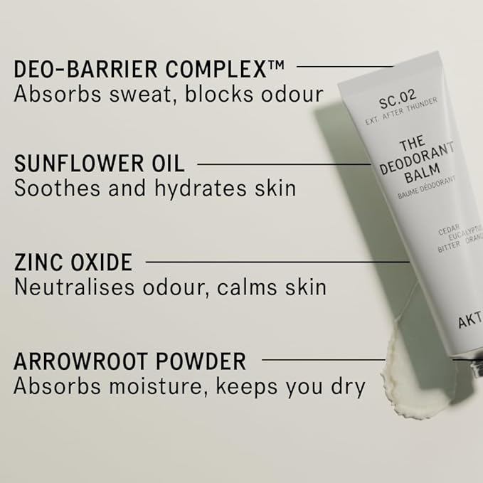 AKT THE DEODORANT BALM. Award winning multi-use natural deodorant. Plastic Free. Gender Free. Aluminium Free. 100% effective — 1 tube lasts up to 3 months. SC.02 AFTER THUNDER. 50ml/1.76 FL.OZ