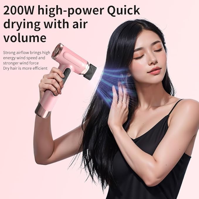 Cordless Pink Hair Dryer 15000mAh Rechargeable with USB Charging Cold &amp Hot Wind for Travel &amp Camping