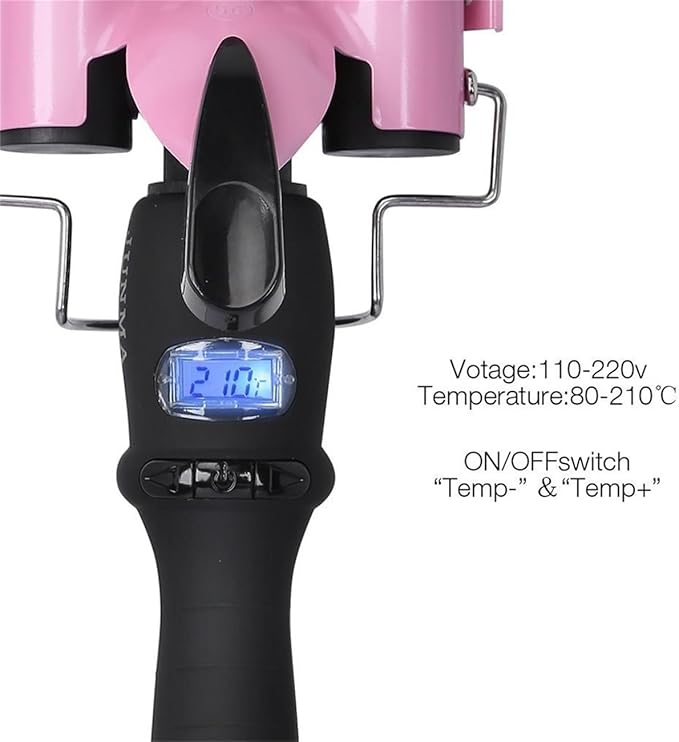 3 Barrels Hair Curler with LCD Display Ceramic Curling Iron Wand Hair Wavers Curling Tongs Beach Wave 80-210°C 14 Gear Temperature Control Pink (Size : 25mm)