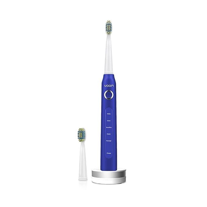 Voom Sonic Pro 5 Series Rechargeable Electronic Toothbrush Dentist Recommended Advanced Oral Care 2 Minute Timer with Quadrant Pacing 5 Adjustable Speeds Soft Dupont Nylon Bristles Blue
