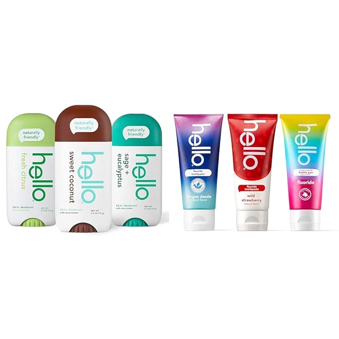 hello Deodorant Variety Pack (Coconut Citrus Sage) + Toothpaste Variety Pack (Unicorn Strawberry Dragon) for Women Men Kids
