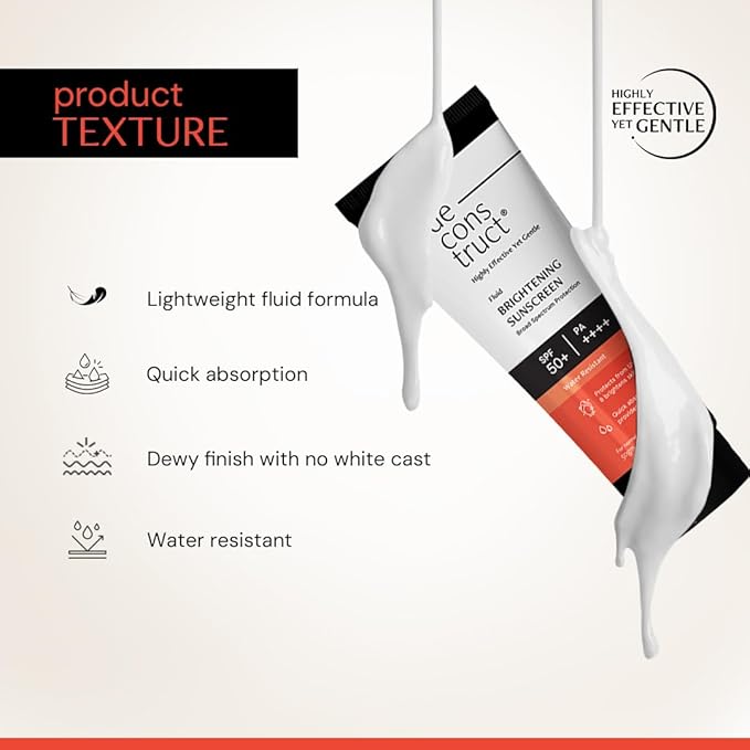 Deconstruct Dry Brightening Fluid Sunscreen SPF 50+ with Niacinamide | Lightweight Hydrating &amp Dewy | UVA/UVB Protection | 8-Hour Wear Water-Resistant No White Cast | 50g | Pack of 2