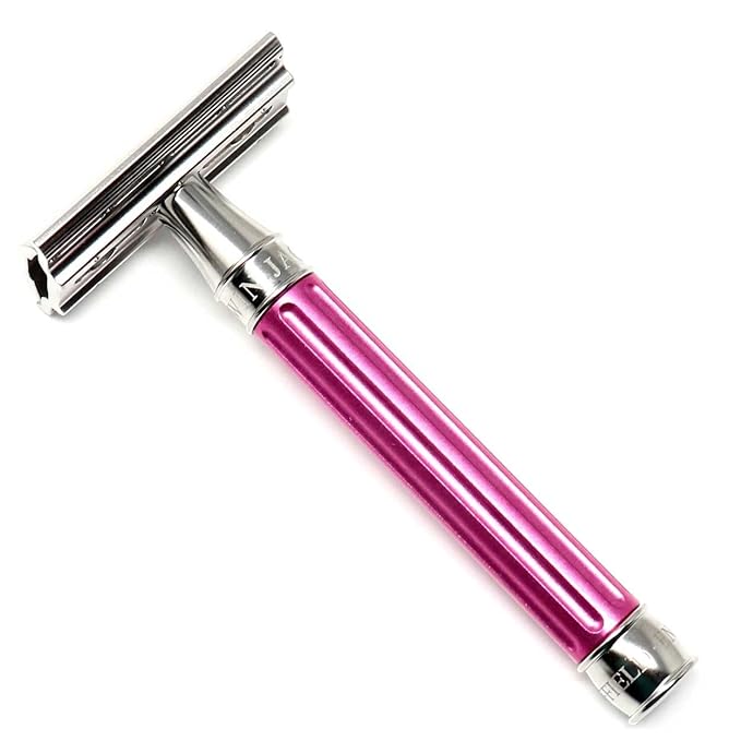 Edwin Jagger 3ONE6 DE Stainless Steel Safety Razor Grooved 1x Pack of DE Razor Blades (Anodized Pink)