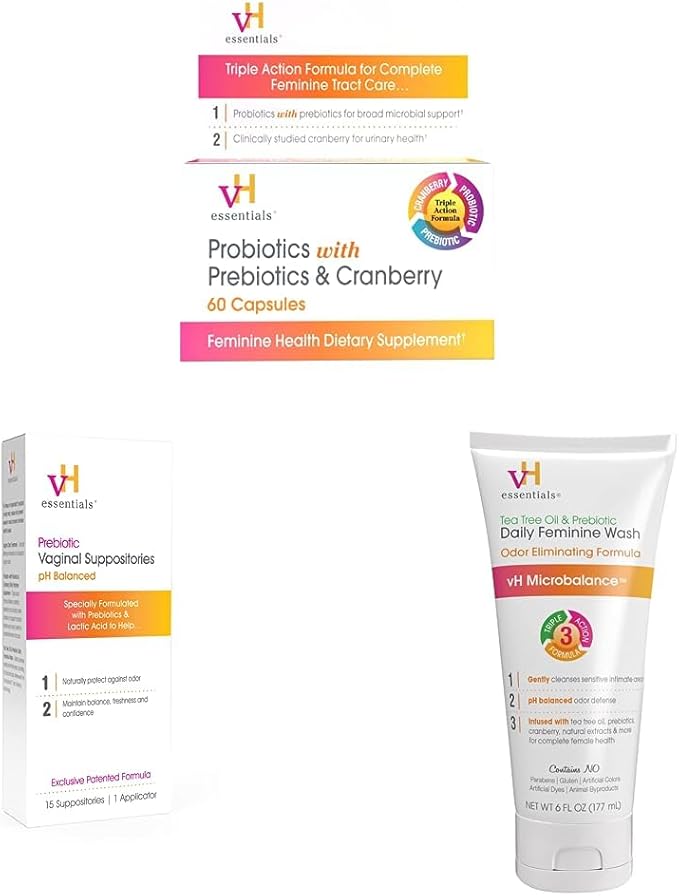 vH essentials Probiotics - 60 Capsules &amp Prebiotic PH Balanced Vaginal SuppositoriesBox Original Version 15 Count &amp Ph Balanced Daily Feminine Wash 6 Fl Oz (Pack of 1) 54306 Clear