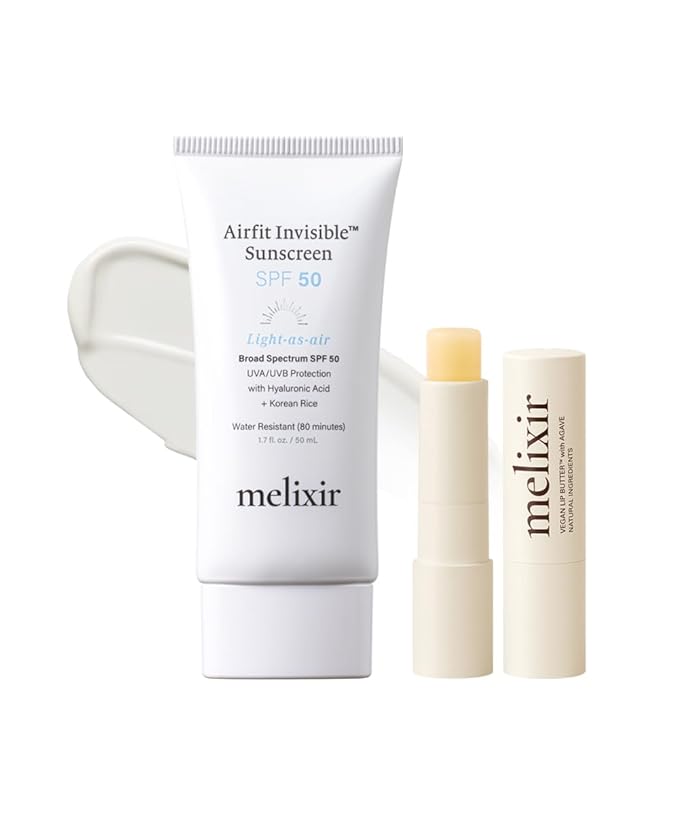 Melixir Best Seller Duo – Airfit Invisible Sunscreen &amp Vegan Lip Butter #01 Agave Korean Rice Sunscreen with No White Cast Hydrating Soft Lip Balm for Dry Lips Gift for Women Travel Essential