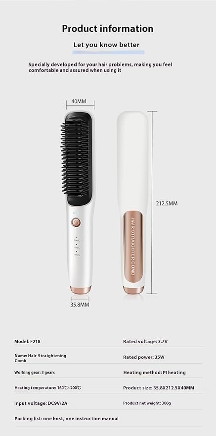Wireless Hair Straightener Brush and Curler 2-in-1 Dual-Use Straight Comb with Temperature Control White and Rose Gold