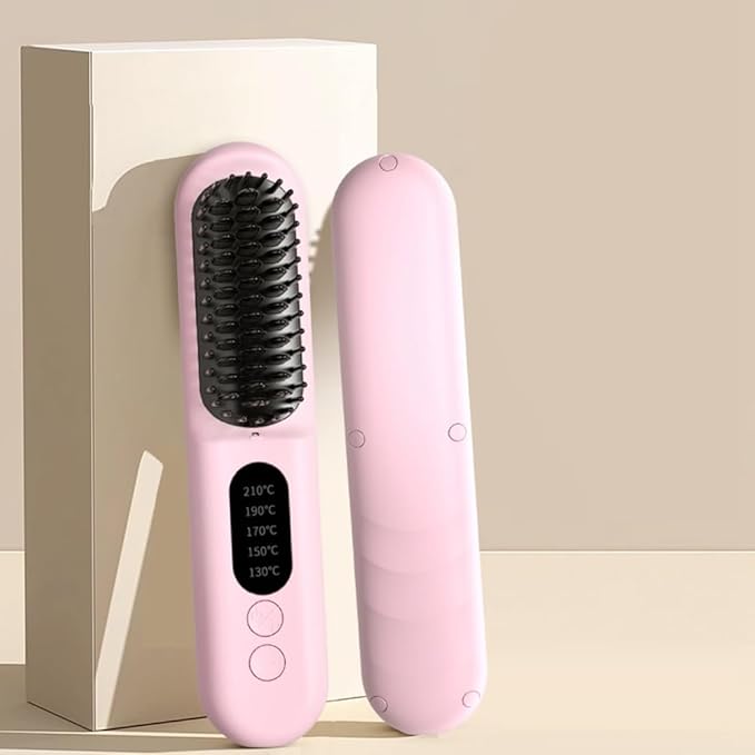 Wireless Hair Straightener Brush Fast Heated Straightener Brush Negative Ions Hair Curler Portable Heating Comb Easy to Use -Pink