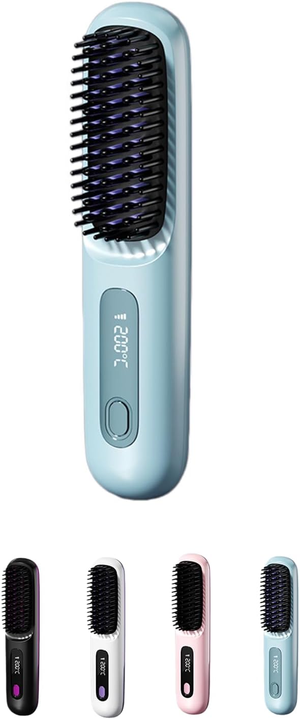 Cordless Hair Straightener Brush with LCD Display Ceramic Rechargeable Hair Straightener for Travel Fast Heating Portable Hair Straightener for Daily Use (Blue)