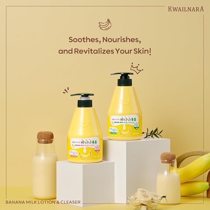 WELCOS Kwailnara Banana Milk Body Lotion &amp Body Wash Set – Moisturizing &amp Revitalizing Korean Skincare Bundle with Banana Extract 560g / 19.75oz Each