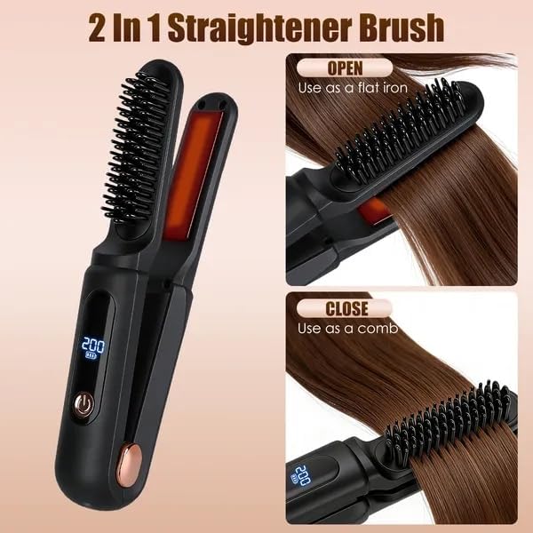 Bulkio 2 in 1 Cordless Ceramic Hair Straightener Flat Iron and Brush Rechargeable 3 Heat Settings Black Portable with Carry Bag