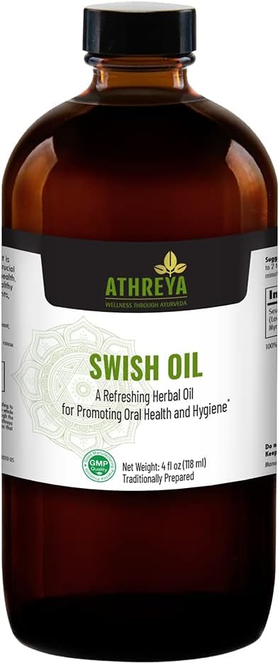 Athreya Herbs Swish Oil | 8 Oz | For Healthy Teeth &amp Gums | Promotes Oral Health | With The Goodness Of Clove &amp Nutmeg Essential Oils | For Fresh Breath | Moisturizes The Mouth | Vegan Non-GM