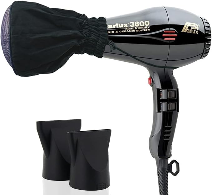 Parlux 3800 Black Eco Friendly Ionic &amp Ceramic Hair Dryer + M Hair Designs Metal Mesh Diffuser (Bundle) – Lightweight Fast-Drying Frizz-Control Blow Dryer for Salon-Quality Styling