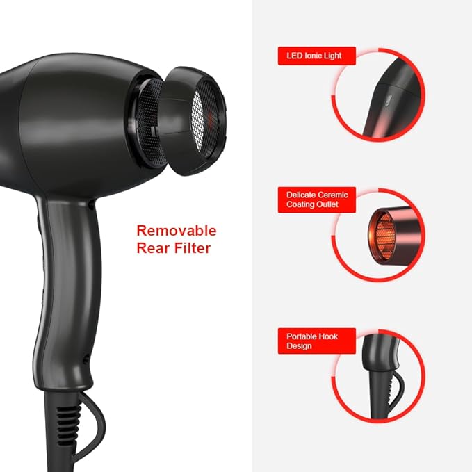 1875W Professional Hair Dryer Salon Lightweight Ionic Blow Dryer 2 Speed and 3 Heat Settings Powerful Ceramic Fast Dryer with Diffuser Concentrator and Comb (Black)