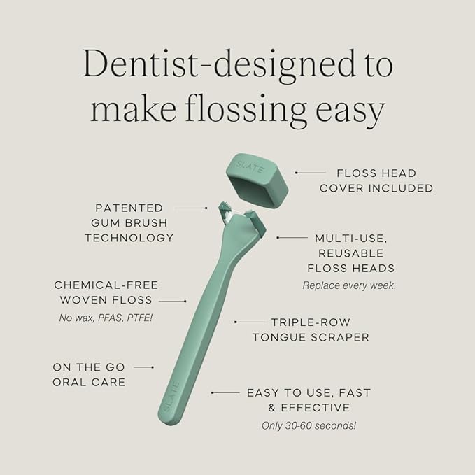 Slate Flosser Mini - Reusable Floss Pick with Gum Brush &amp Tongue Scraper Dentist-Invented PFAS/PTFE-Free Travel-Ready | Mint Nano-Hydroxyapatite (nHa) Mini Flosser 2-Pack