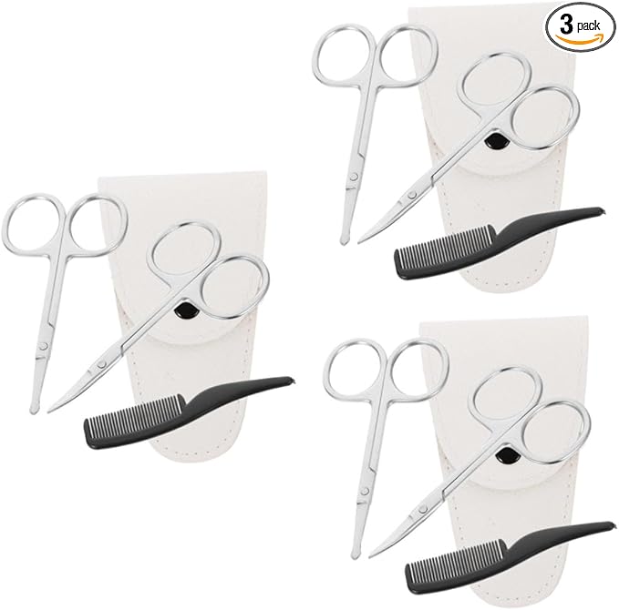 12pcs Precision Beard Scissors Set Stainless Steel Trimming Scissors Comb White Leather Case Grooming Kit for Men Facial Hair Nose Hair Maintenance
