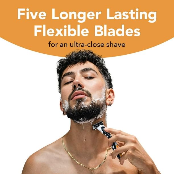 Flex 5 Refillable Razors For Men Long-Lasting 5-Blades 1 Handle And 12 Refills Pivoting Head And Ergonomic Handle With Aloe And Vitamin E