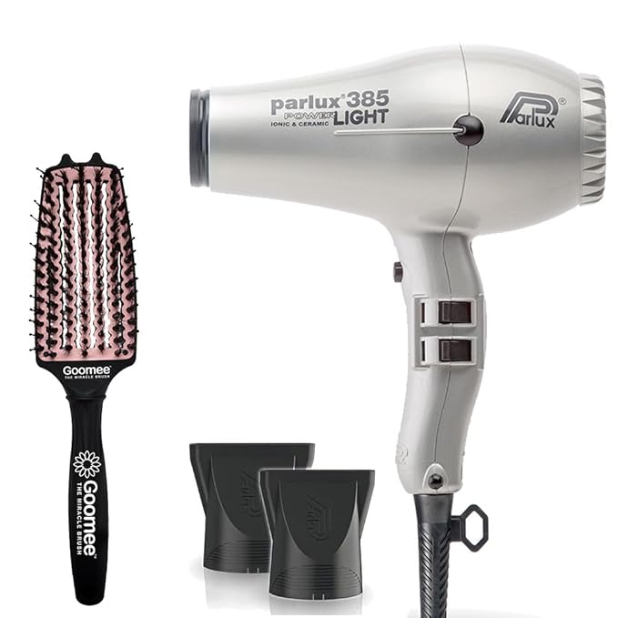 Parlux 385 Powerlight Ionic and Ceramic Silver Hair Dryer with Miracle Detangling Brush Medium Size Nylon &amp Boar Bristles for All Hair Types – Blush Pink