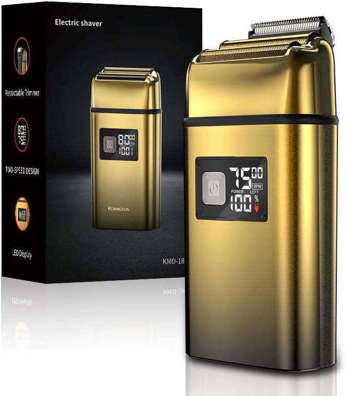 Electric Foil Shaver for MenElectric Razor with Pop-up TrimmerCordless Beard TrimmerWaterproofWet &amp Dry ShavingLED Display2-Speed Mode (Gold)