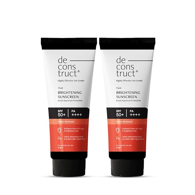Deconstruct Dry Brightening Fluid Sunscreen SPF 50+ with Niacinamide | Lightweight Hydrating &amp Dewy | UVA/UVB Protection | 8-Hour Wear Water-Resistant No White Cast | 50g | Pack of 2