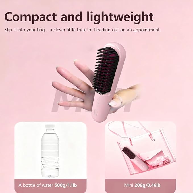 Cordless Hair Straightener Brush-Portable Straightening Comb Plasma Tech 4 Temp-Settings for Travel &amp HomePink1.7x7.8''