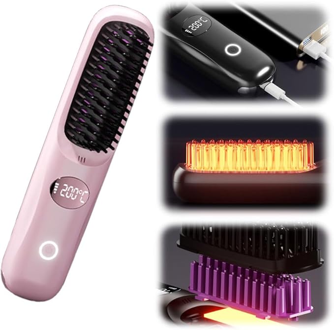 GoBrush Pro for Short HairPortable Straightener Brushes for Travel2026 gobrush pro Cordless Ceramic Hair Straightener with LCD Temperature DisplayFast Styling Brush (Pink)